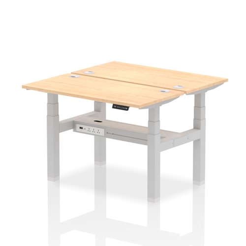 Air Back-to-Back 1200 x 600mm Height Adjustable 2 Person Bench Desk Maple Top with Cable Ports Silver Frame