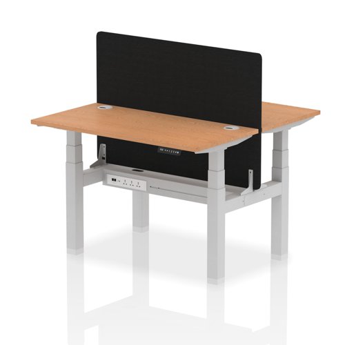 Air Back-to-Back 1200 x 600mm Height Adjustable 2 Person Bench Desk Oak Top with Cable Ports Silver Frame with Black Straight Screen