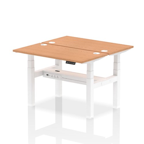 Air Back-to-Back 1200 x 600mm Height Adjustable 2 Person Bench Desk Oak Top with Cable Ports White Frame