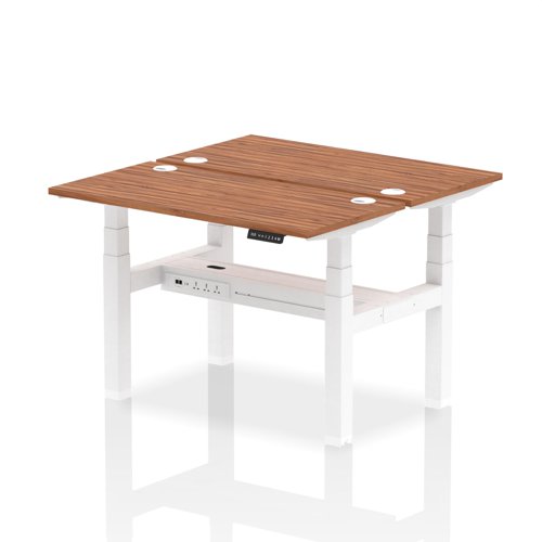 30680DY - Dynamic Air Back-to-Back W1200 x D600mm Height Adjustable Sit Stand 2 Person Bench Desk With Cable Ports Walnut Finish White Frame - HA01558