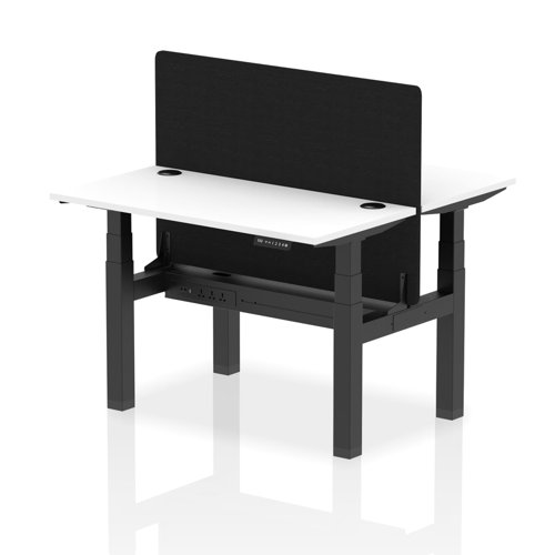 Air Back-to-Back 1200 x 600mm Height Adjustable 2 Person Bench Desk White Top with Cable Ports Black Frame with Black Straight Screen