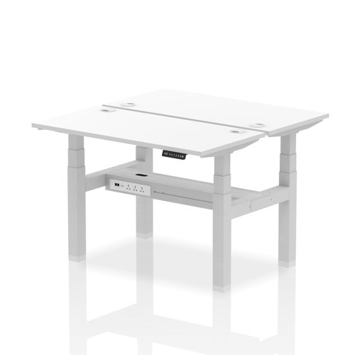 Air Back-to-Back 1200 x 600mm Height Adjustable 2 Person Bench Desk White Top with Cable Ports Silver Frame