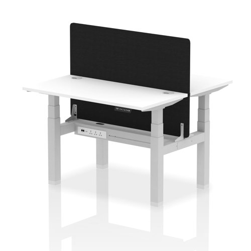 Air Back-to-Back 1200 x 600mm Height Adjustable 2 Person Bench Desk White Top with Cable Ports Silver Frame with Black Straight Screen