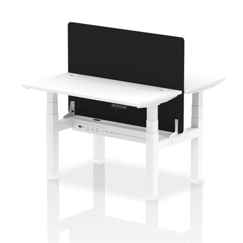 Air Back-to-Back 1200 x 600mm Height Adjustable 2 Person Bench Desk White Top with Cable Ports White Frame with Black Straight Screen