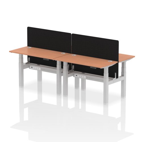 Air Back-to-Back 1200 x 600mm Height Adjustable 4 Person Bench Desk Beech Top with Cable Ports Silver Frame with Black Straight Screen