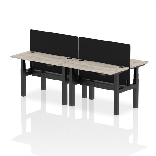 Air Back-to-Back 1200 x 600mm Height Adjustable 4 Person Bench Desk Grey Oak Top with Cable Ports Black Frame with Black Straight Screen