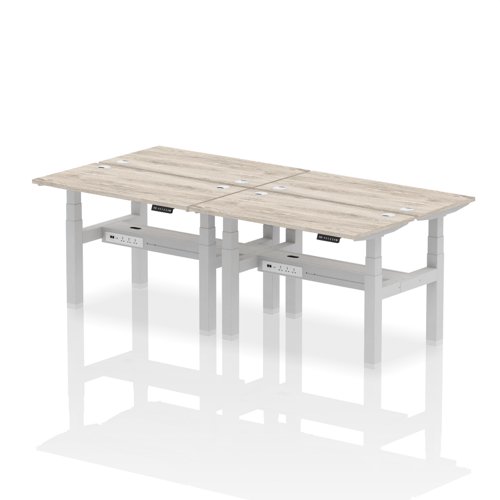 Air Back-to-Back 1200 x 600mm Height Adjustable 4 Person Bench Desk Grey Oak Top with Cable Ports Silver Frame