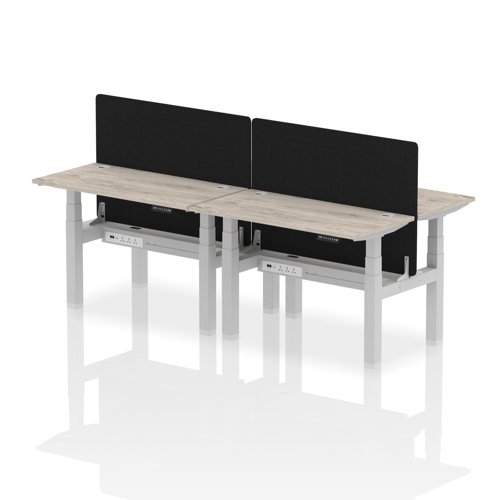Air Back-to-Back 1200 x 600mm Height Adjustable 4 Person Bench Desk Grey Oak Top with Cable Ports Silver Frame with Black Straight Screen