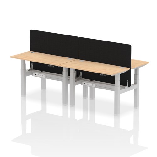 Air Back-to-Back 1200 x 600mm Height Adjustable 4 Person Bench Desk Maple Top with Cable Ports Silver Frame with Black Straight Screen