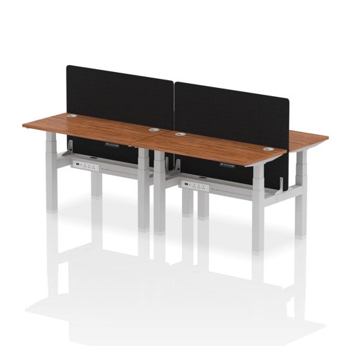 Air Back-to-Back 1200 x 600mm Height Adjustable 4 Person Bench Desk Walnut Top with Cable Ports Silver Frame with Black Straight Screen
