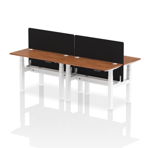 Air Back-to-Back 1200 x 600mm Height Adjustable 4 Person Bench Desk Walnut Top with Cable Ports White Frame with Black Straight Screen