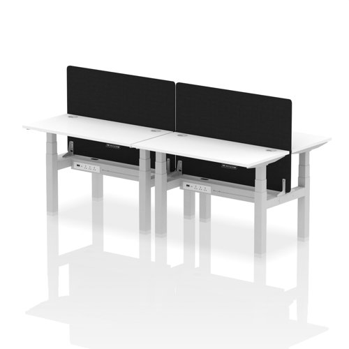Air Back-to-Back 1200 x 600mm Height Adjustable 4 Person Bench Desk White Top with Cable Ports Silver Frame with Black Straight Screen