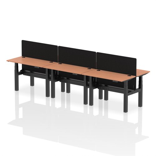 Air Back-to-Back 1200 x 600mm Height Adjustable 6 Person Bench Desk Beech Top with Cable Ports Black Frame with Black Straight Screen