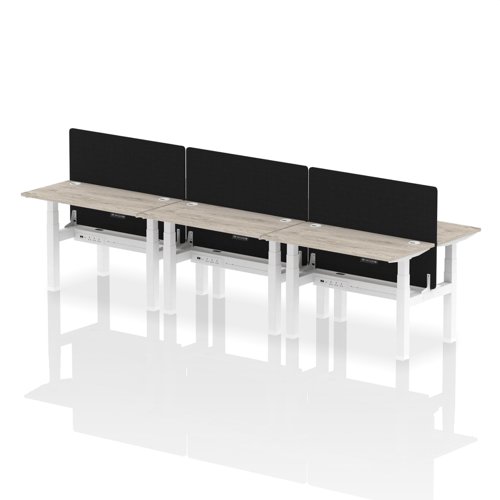 Air Back-to-Back 1200 x 600mm Height Adjustable 6 Person Bench Desk Grey Oak Top with Cable Ports White Frame with Black Straight Screen