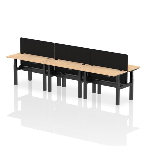 Air Back-to-Back 1200 x 600mm Height Adjustable 6 Person Bench Desk Maple Top with Cable Ports Black Frame with Black Straight Screen