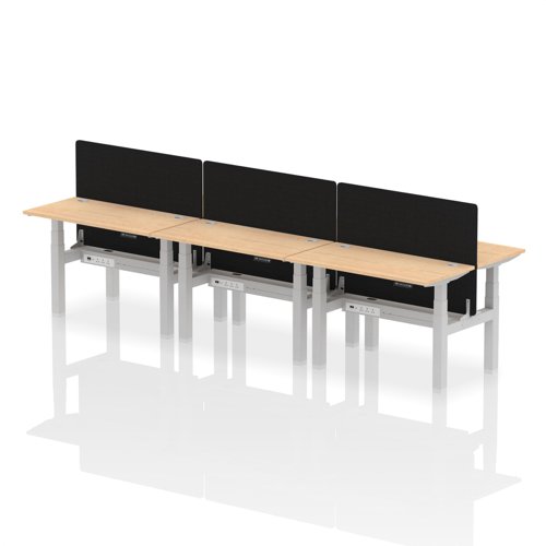 Air Back-to-Back 1200 x 600mm Height Adjustable 6 Person Bench Desk Maple Top with Cable Ports Silver Frame with Black Straight Screen