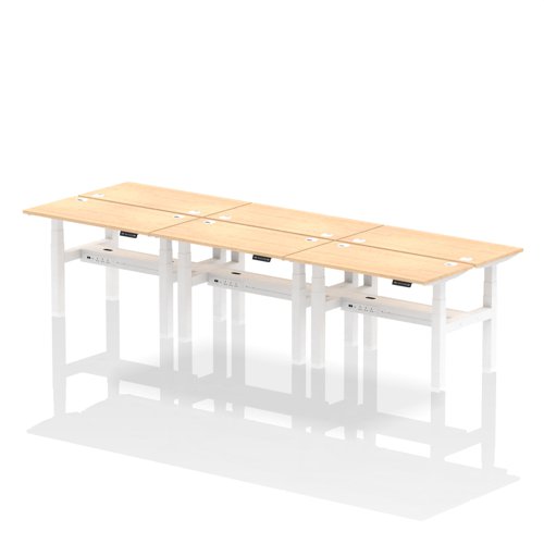 Air Back-to-Back 1200 x 600mm Height Adjustable 6 Person Bench Desk Maple Top with Cable Ports White Frame