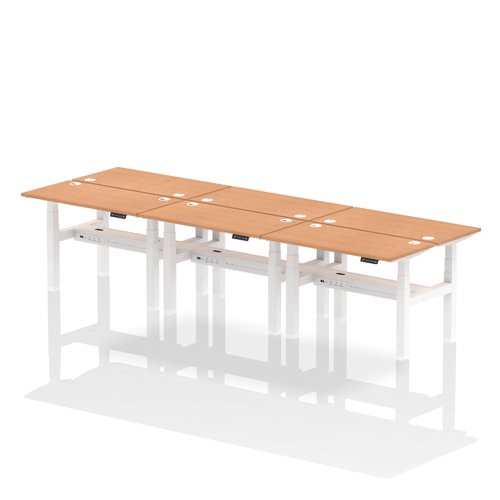 Air Back-to-Back 1200 x 600mm Height Adjustable 6 Person Bench Desk Oak Top with Cable Ports White Frame