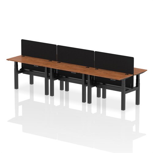 Air Back-to-Back 1200 x 600mm Height Adjustable 6 Person Bench Desk Walnut Top with Cable Ports Black Frame with Black Straight Screen