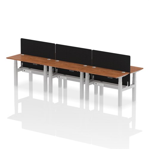 Air Back-to-Back 1200 x 600mm Height Adjustable 6 Person Bench Desk Walnut Top with Cable Ports Silver Frame with Black Straight Screen