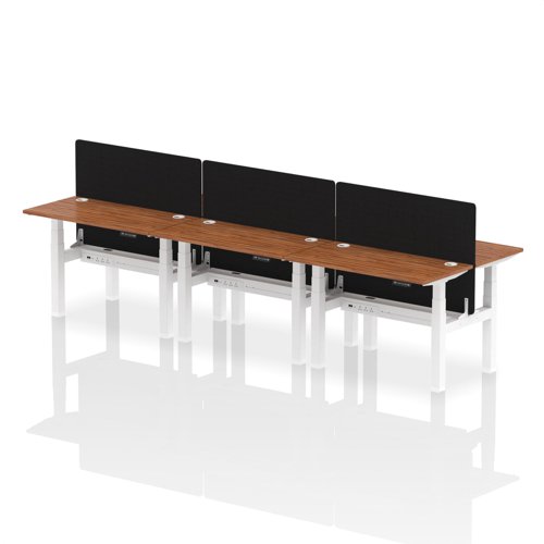 Air Back-to-Back 1200 x 600mm Height Adjustable 6 Person Bench Desk Walnut Top with Cable Ports White Frame with Black Straight Screen