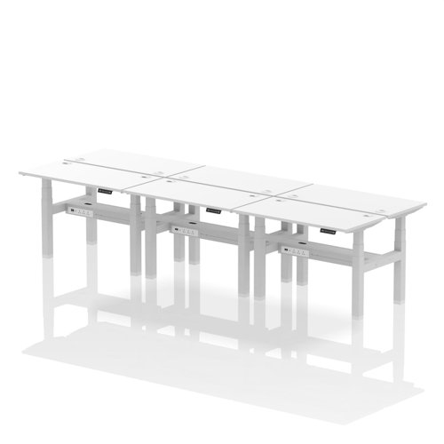 Air Back-to-Back 1200 x 600mm Height Adjustable 6 Person Bench Desk White Top with Cable Ports Silver Frame