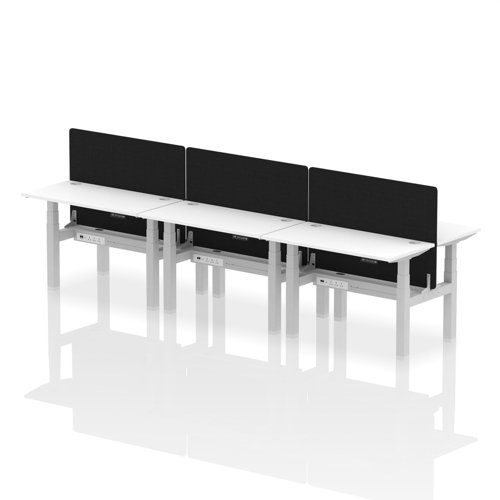 Air Back-to-Back 1200 x 600mm Height Adjustable 6 Person Bench Desk White Top with Cable Ports Silver Frame with Black Straight Screen