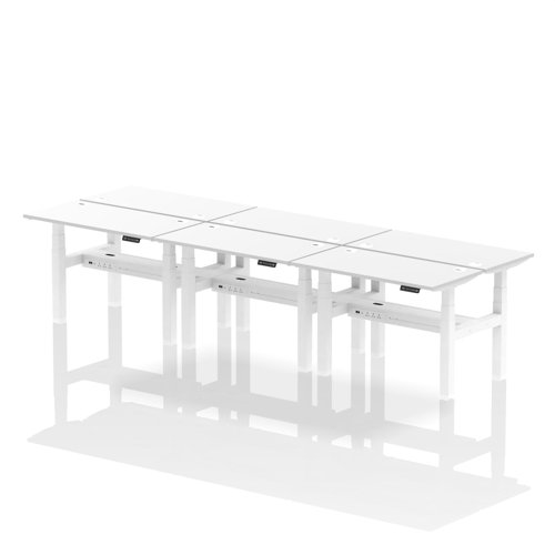 Air Back-to-Back 1200 x 600mm Height Adjustable 6 Person Bench Desk White Top with Cable Ports White Frame