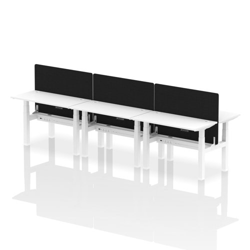 Air Back-to-Back 1200 x 600mm Height Adjustable 6 Person Bench Desk White Top with Cable Ports White Frame with Black Straight Screen