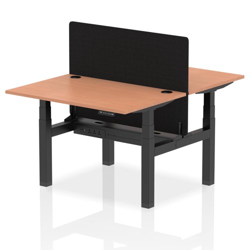 Air Back-to-Back 1200 x 800mm Height Adjustable 2 Person Bench Desk Beech Top with Cable Ports Black Frame with Black Straight Screen
