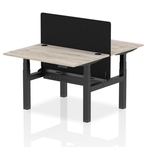 Air Back-to-Back 1200 x 800mm Height Adjustable 2 Person Bench Desk Grey Oak Top with Cable Ports Black Frame with Black Straight Screen