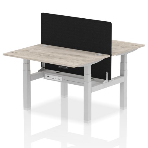 Air Back-to-Back 1200 x 800mm Height Adjustable 2 Person Bench Desk Grey Oak Top with Cable Ports Silver Frame with Black Straight Screen