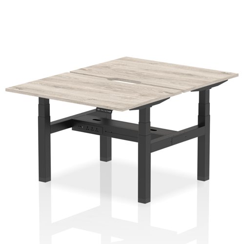 Air Back-to-Back 1200 x 800mm Height Adjustable 2 Person Office Bench Desk Grey Oak Top with Scalloped Edge Black Frame