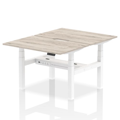Air Back-to-Back 1200 x 800mm Height Adjustable 2 Person Bench Desk Grey Oak Top with Scalloped Edge White Frame