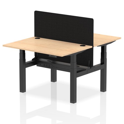 Air Back-to-Back 1200 x 800mm Height Adjustable 2 Person Bench Desk Maple Top with Cable Ports Black Frame with Black Straight Screen