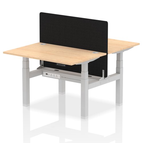 Air Back-to-Back 1200 x 800mm Height Adjustable 2 Person Bench Desk Maple Top with Cable Ports Silver Frame with Black Straight Screen
