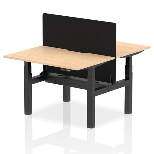 Air Back-to-Back 1200 x 800mm Height Adjustable 2 Person Bench Desk Maple Top with Scalloped Edge Black Frame with Black Straight Screen