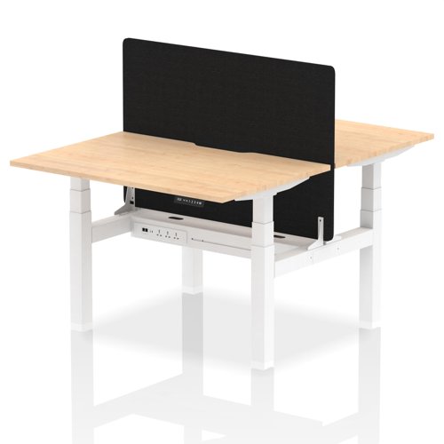 Air Back-to-Back 1200 x 800mm Height Adjustable 2 Person Bench Desk Maple Top with Scalloped Edge White Frame with Black Straight Screen
