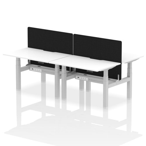 Air Back-to-Back 1200 x 800mm Height Adjustable 4 Person Office Bench Desk White Top with Scalloped Edge Silver Frame with Black Straight Screen