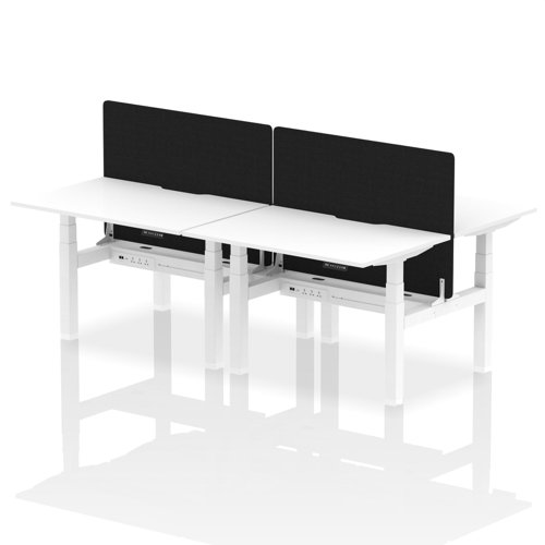 Air Back-to-Back 1200 x 800mm Height Adjustable 4 Person Office Bench Desk White Top with Scalloped Edge White Frame with Black Straight Screen
