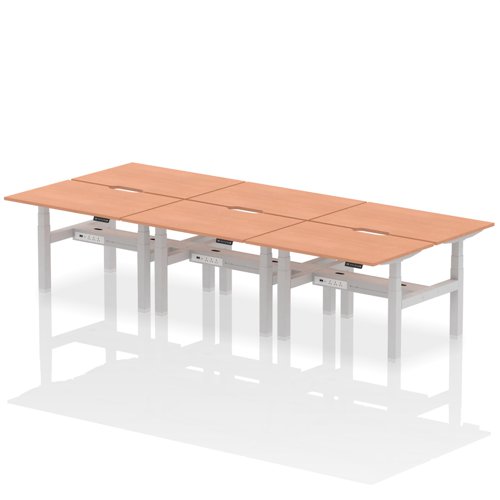 Air Back-to-Back 1200 x 800mm Height Adjustable 6 Person Office Bench Desk Beech Top with Scalloped Edge Silver Frame