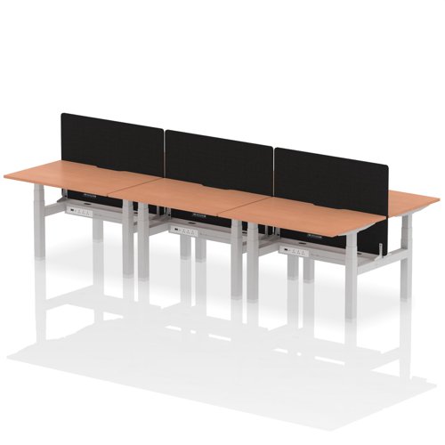 Air Back-to-Back 1200 x 800mm Height Adjustable 6 Person Office Bench Desk Beech Top with Scalloped Edge Silver Frame with Black Straight Screen