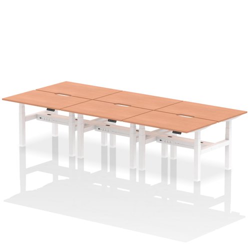 Air Back-to-Back 1200 x 800mm Height Adjustable 6 Person Office Bench Desk Beech Top with Scalloped Edge White Frame