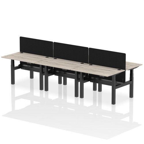 Air Back-to-Back 1200 x 800mm Height Adjustable 6 Person Office Bench Desk Grey Oak Top with Cable Ports Black Frame with Black Straight Screen