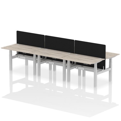 Air Back-to-Back 1200 x 800mm Height Adjustable 6 Person Office Bench Desk Grey Oak Top with Cable Ports Silver Frame with Black Straight Screen
