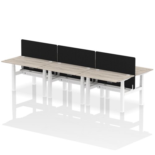 Air Back-to-Back 1200 x 800mm Height Adjustable 6 Person Office Bench Desk Grey Oak Top with Cable Ports White Frame with Black Straight Screen