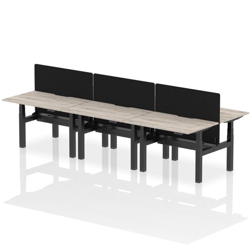 Air Back-to-Back 1200 x 800mm Height Adjustable 6 Person Office Bench Desk Grey Oak Top with Scalloped Edge Black Frame with Black Straight Screen