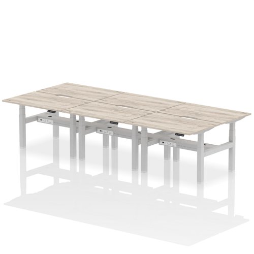 Air Back-to-Back 1200 x 800mm Height Adjustable 6 Person Office Bench Desk Grey Oak Top with Scalloped Edge Silver Frame