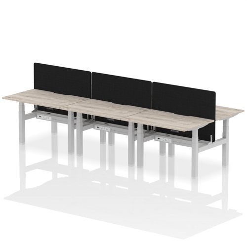 Air Back-to-Back 1200 x 800mm Height Adjustable 6 Person Office Bench Desk Grey Oak Top with Scalloped Edge Silver Frame with Black Straight Screen