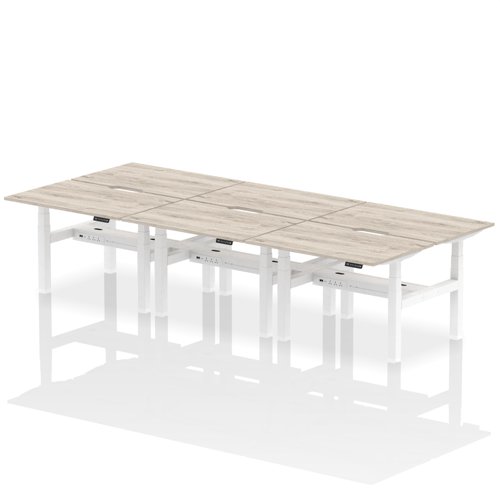 Air Back-to-Back 1200 x 800mm Height Adjustable 6 Person Office Bench Desk Grey Oak Top with Scalloped Edge White Frame